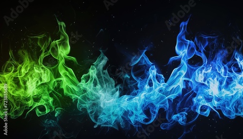 Tongues of green and blue fire on clear black background, green and blue flames and sparks background design