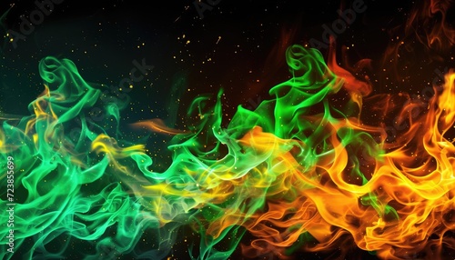 Tongues of orange and green fire on clear black background  orange and green flames and sparks background design