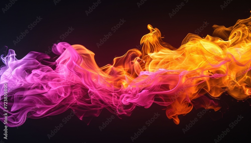 Tongues of yellow and pink fire on clear black background, yellow and ...