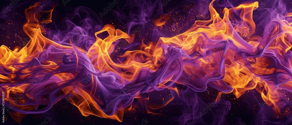 Tongues of pink and yellow fire on clear black background, pink and ...