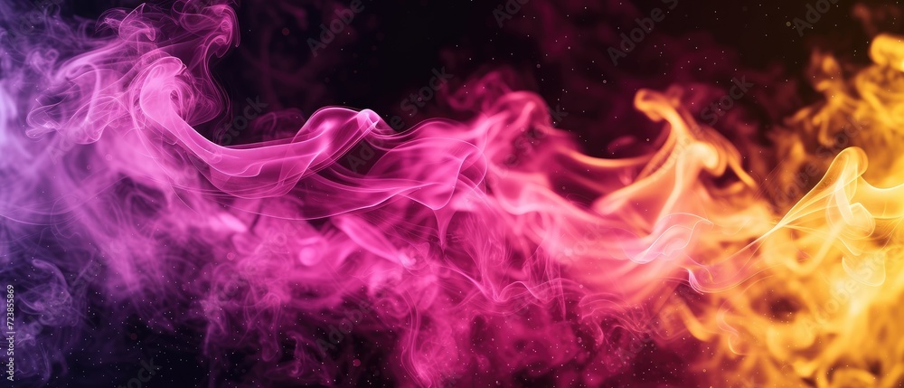 Tongues of pink and yellow fire on clear black background, pink and yellow flames and sparks background design
