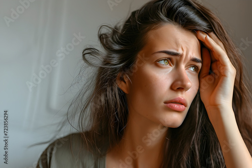 A young girl rubs her temples and suffers from a headache