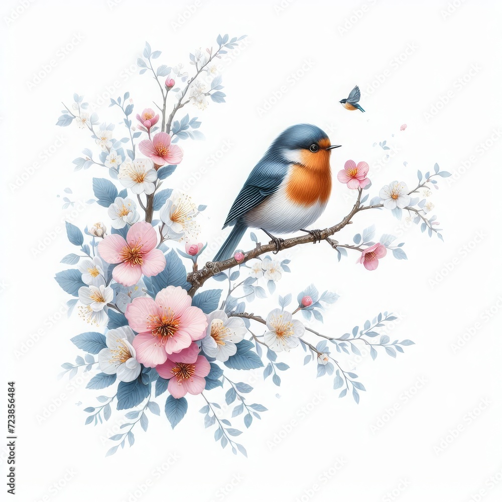 An amazing picture of a bird sitting on a flowering branch with a flower in its beak.