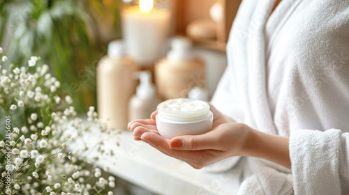 A young woman holds a jar of face/body cream in her hands. Spa, home skin care concept.