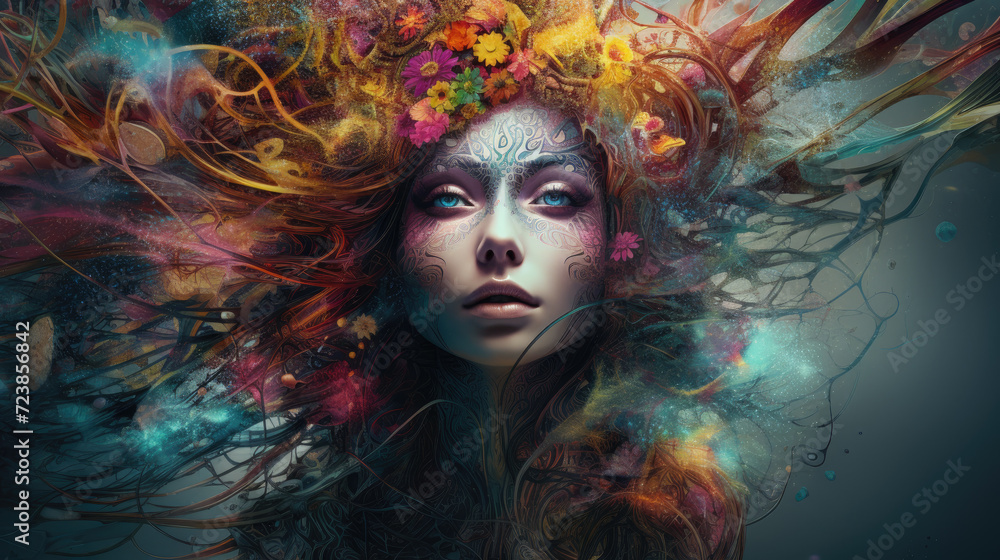 Surreal background design with woman visual in the middle of abstract patterns Surreal background design with woman visual in the middle of abstract patterns