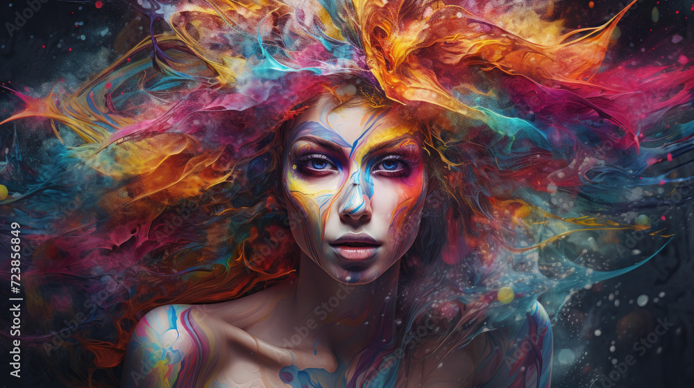 Surreal background design with woman visual in the middle of abstract patterns