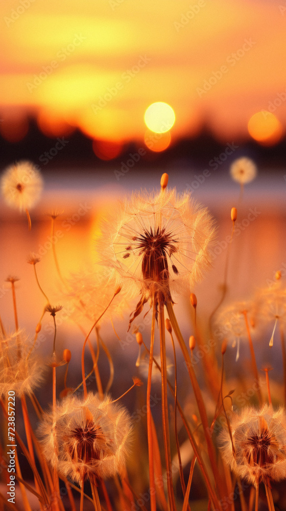 Dandelion flower on the background of the sun at sunset .