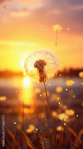 Beautiful dandelion flower on the background of the setting sun