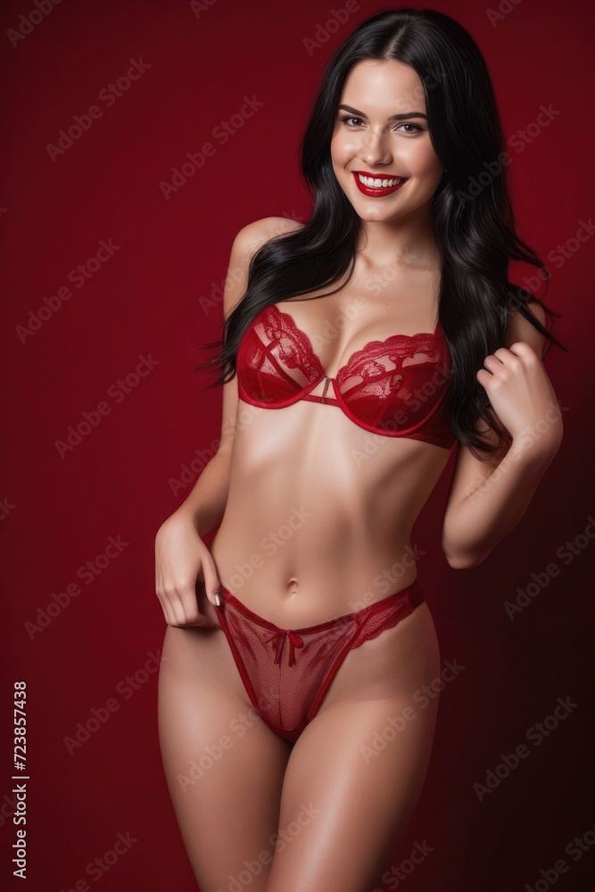 Beautiful young smiling woman model with long dark hair in sexy luxury red lingerie on red background. Generative AI Beautiful young smiling woman model with long dark hair in sexy luxury red lingerie on red background. Generative AI