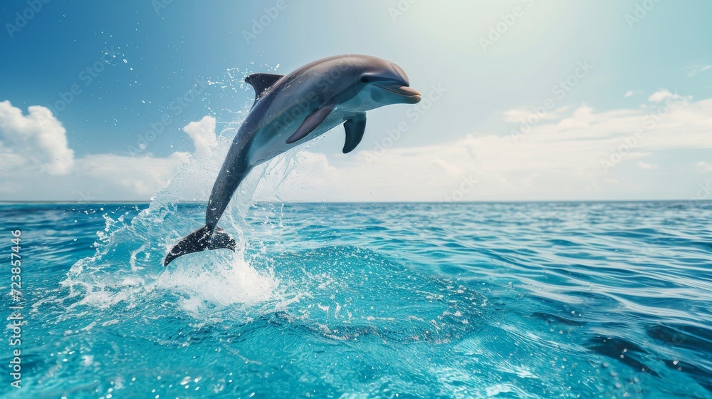 Fototapeta premium A happy dolphin jumping high above the crystal clear water.