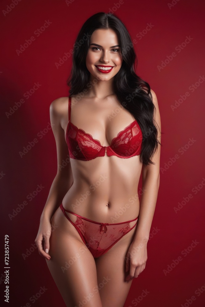 Beautiful young smiling woman model with long dark hair in sexy luxury red lingerie on red background. Generative AI Beautiful young smiling woman model with long dark hair in sexy luxury red lingerie on red background. Generative AI
