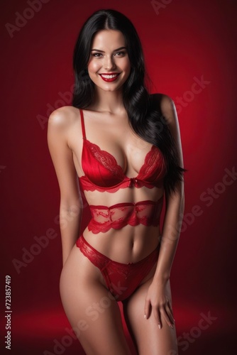 Beautiful young smiling woman model with long dark hair in sexy luxury red lingerie on red background. Generative AI