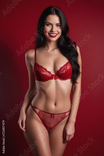Beautiful young smiling woman model with long dark hair in sexy luxury red lingerie on red background. Generative AI