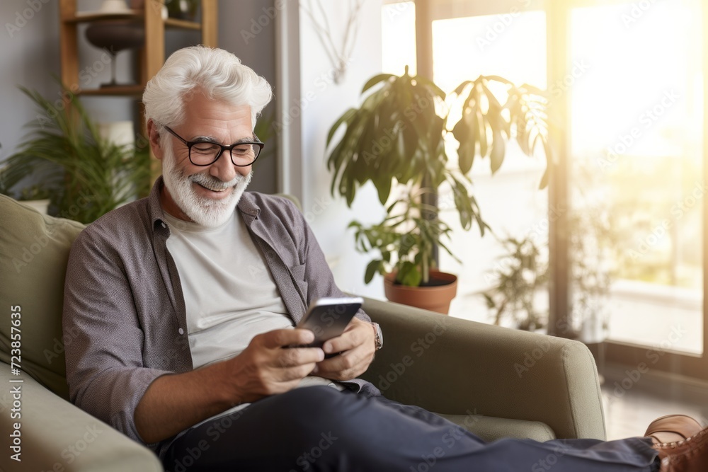 Senior man relaxed and happy using the mobile phone sitting on the sofa at home. Concept of technology and older people Senior man relaxed and happy using the mobile phone sitting on the sofa at home. Concept of technology and older people