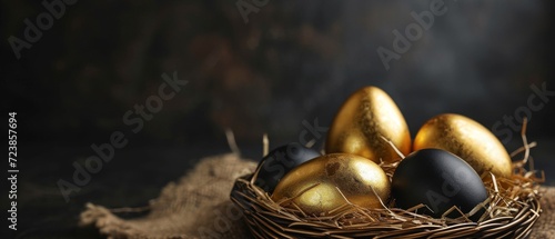 Golden and black eggs in the Easter basket, soft black background, copyspace.