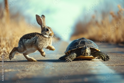 Rabbit and tortoise running race on the road. The concept of endurance. photo