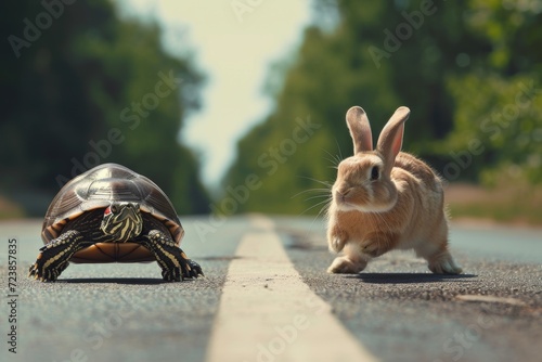 Rabbit and tortoise running race on the road. The concept of endurance. photo
