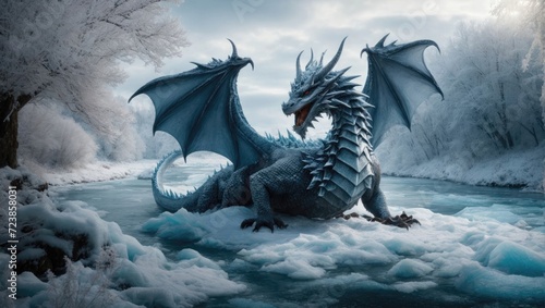 Dragon at frozen river 