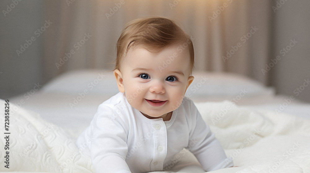 Portrait of a cute smiling baby on the bed at home . Portrait of a cute smiling baby on the bed at home .