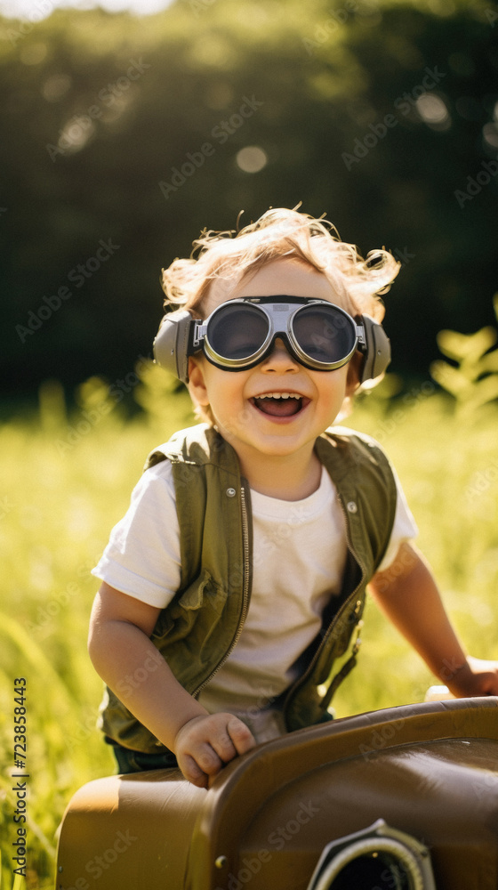 Little boy with pilot helmet and goggles sitting on vintage suitcase in field