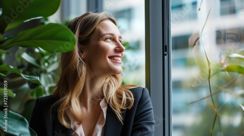 Wallpaper Mural Young happy cheerful professional business woman, happy laughing female office worker wearing glasses looking away at copy space advertising job opportunities or good business services, generative ai Torontodigital.ca
