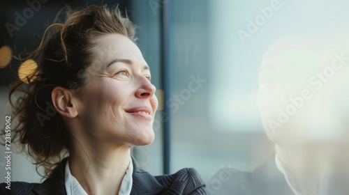 Young happy cheerful professional business woman, happy laughing female office worker wearing glasses looking away at copy space advertising job opportunities or good business services, generative ai