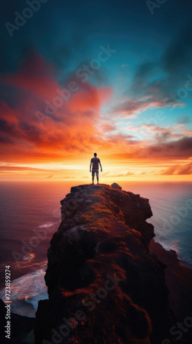 Man standing on the edge of a cliff with beautiful sunset in the background