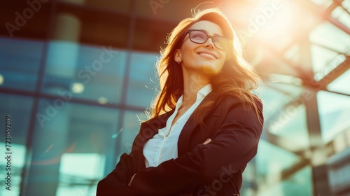 Young happy cheerful professional business woman, happy laughing female office worker wearing glasses looking away at copy space advertising job opportunities or good business services, generative ai
