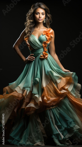 young beautiful caucasian brunette in gorgeous dress, motion shot