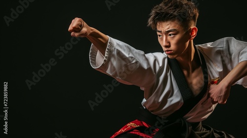 Dynamic action shot of a skilled japanese male taekwondo fighter showcasing his martial arts prowess