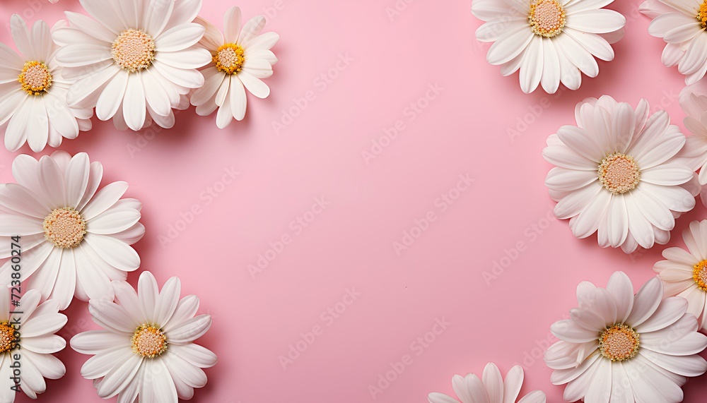 pink daisy border. white daisy flowers. daisy flower border on light pink background top view. daisy flower on pink background bird's eye view. daisy flowers isolated on pink for spring time.