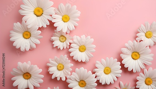 white daisy flowers. daisy flower border on light pink background top view. daisy flower on pink background bird's eye view. daisy flowers isolated on pink for spring time. Mother's Day flowers