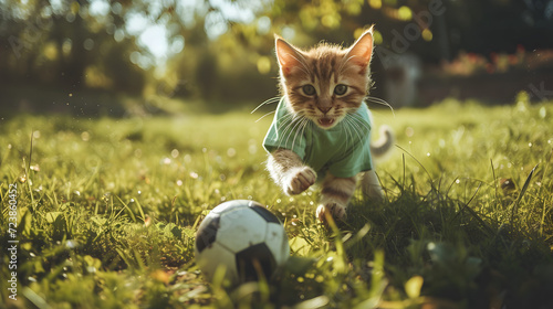 Action photograph of cat wearing a green t-shirt playing soccer Animals. Sports