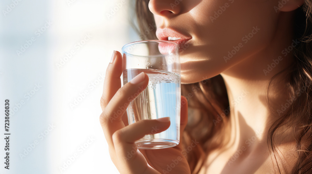 Beautiful young woman drinking pure water from glass on light blue background. Copy space Beautiful young woman drinking pure water from glass on light blue background. Copy space