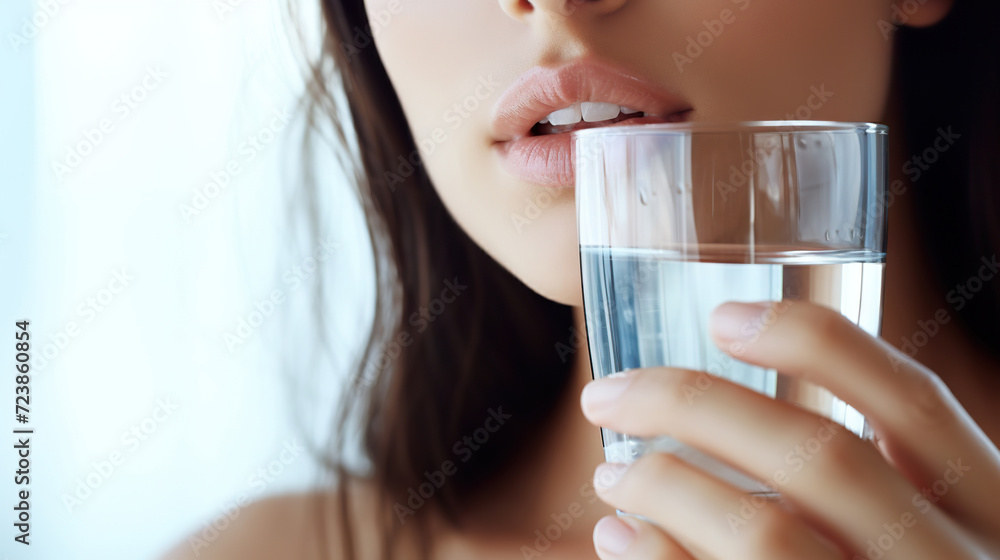 Beautiful young woman drinking pure water from glass on light blue background. Copy space Beautiful young woman drinking pure water from glass on light blue background. Copy space