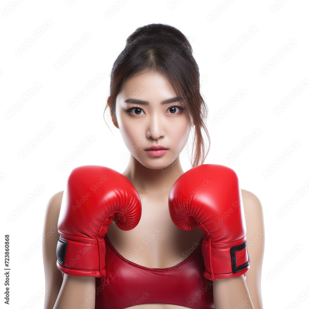 Symbolic depiction of cancer fighter woman with boxing gloves, isolated background
