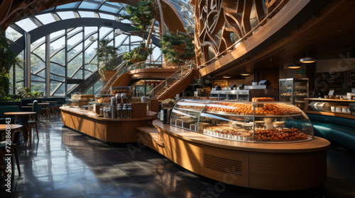 Nice coffee house in a loft style with big panoramic windows and concrete columns. There are round wooden tables with chairs and armchairs, glass coffee bean dispensers photo