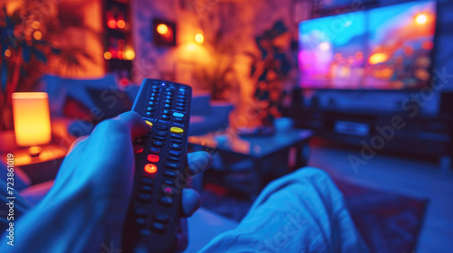 Cozy living room with dim lights, a man holds a TV remote control in his hand, close-up. © Katerina Bond