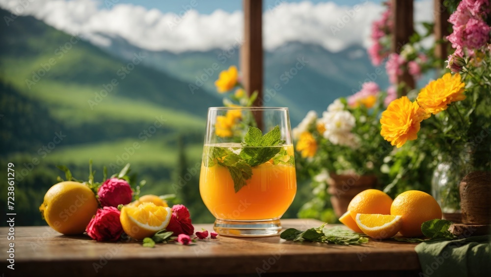 Glass of juice and flowers on wooden table at green mountain