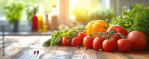 Banner, fresh vegetables and fruits on a wooden table, kitchen background. Close-up, natural daylight. Copy space.