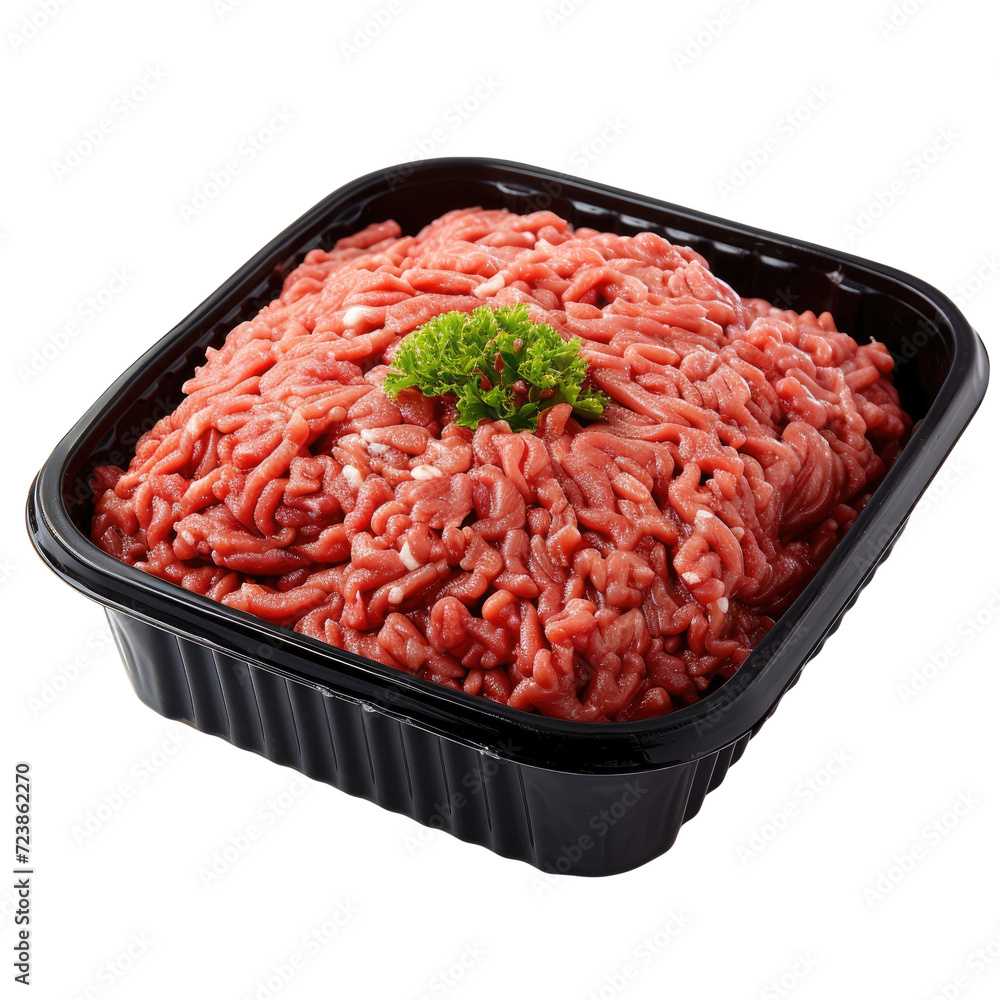 Raw beef mince or ground beef in plastic tray. Isolated on a Transparent background Raw beef mince or ground beef in plastic tray. Isolated on a Transparent background