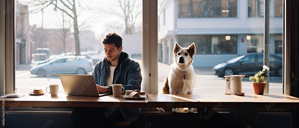 A handsome young caucasian man sitting with his dog in a coffee shop, close to the window.  Working, studying, concentrating on his laptop screen. Coworking, freelancing, remote working concept.