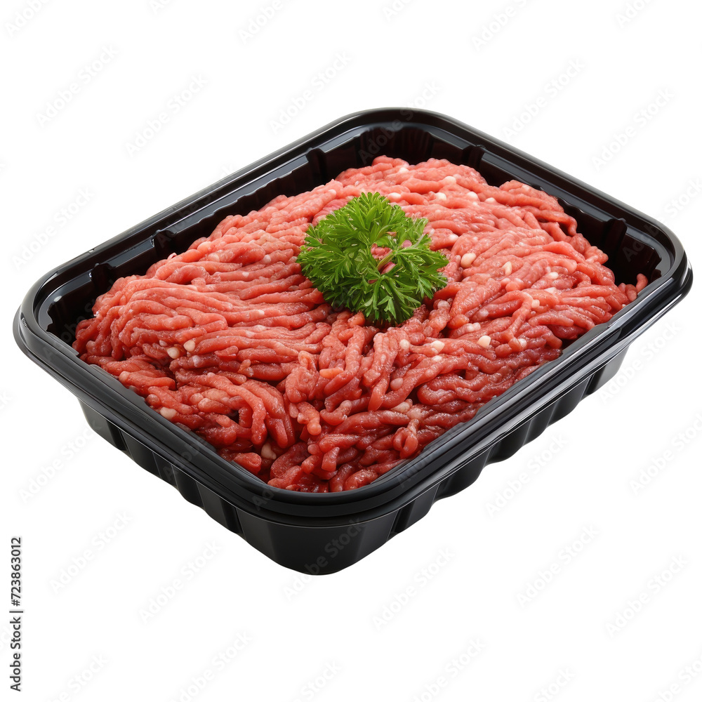 Raw beef mince or ground beef in plastic tray. Isolated on a Transparent background Raw beef mince or ground beef in plastic tray. Isolated on a Transparent background