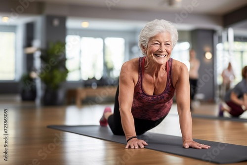 Elderly woman doing pilates exercises in group in fitness studio