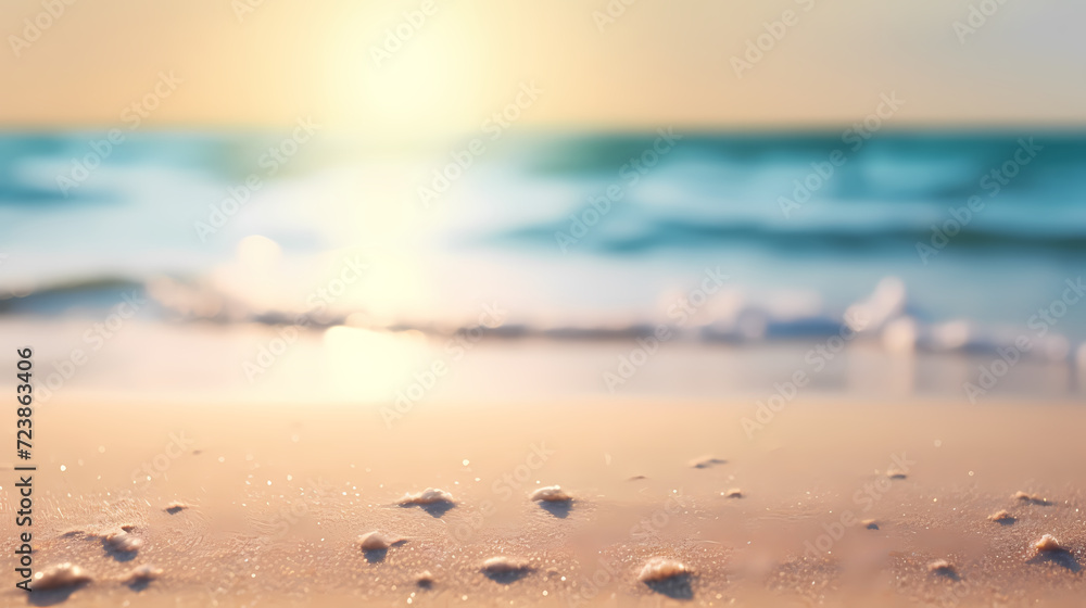 Sandy beach with light blue transparent water waves and sunlight, tranquil aerial beach scene Sandy beach with light blue transparent water waves and sunlight, tranquil aerial beach scene
