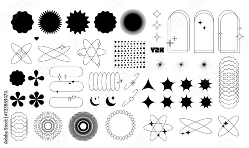 Big set of simple geometric shapes in vintage Y2k aesthetic style. Trendy minimalist arch frame with stars and sparkles. 00s design elements for banners, social media, poster design, packaging. Vector