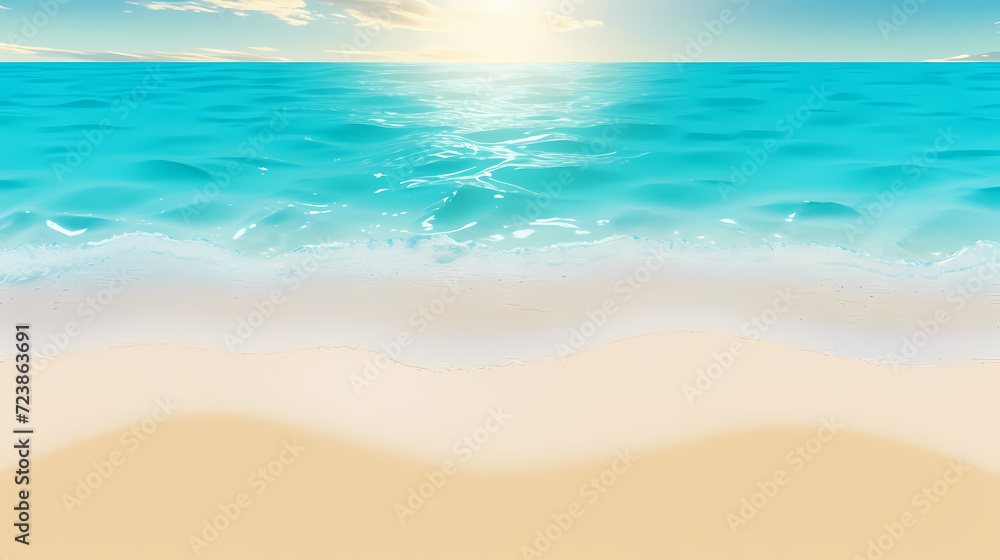 Obraz premium Sandy beach with light blue transparent water waves and sunlight, tranquil aerial beach scene