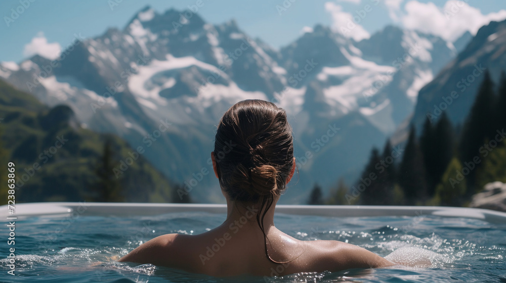 Woman in hot tub looking at epic mountains