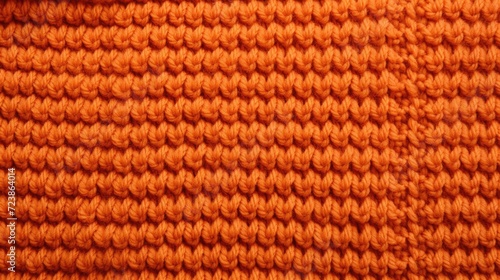 The texture of the knitted fabric. The yarn is orange in color. Close-up of the rows and patterns of the knitted product.