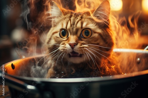 Funny cat taking bath in a pot of soup